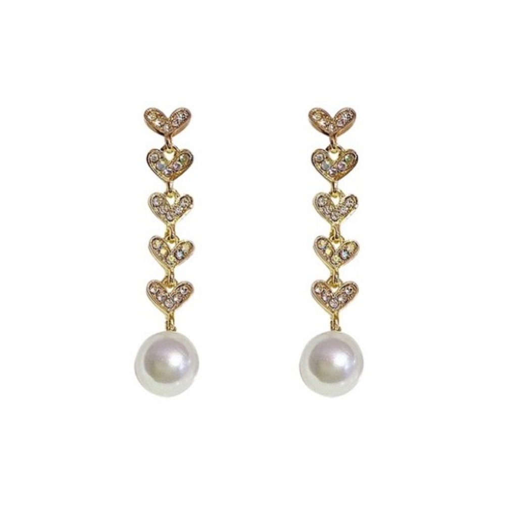 Gold Rhinestone and Pearl Heart Drop Earrings - Picture 5 of 5